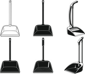 Dustpan and Brush Vector Set, Cleaning Equipment, Housework Tool, Sanitation, Maid Service, Hygiene, Black Outline, Silhouette, Different Styles, Home Care