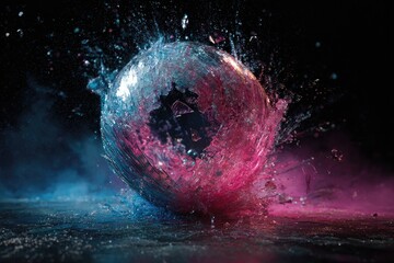A sphere shatters explosively amid colorful vapor and droplets on a dark surface