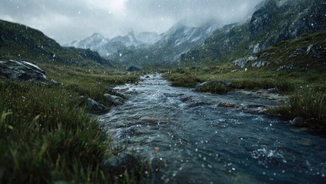 A serene landscape, featuring a flowing stream amid grassy banks, and majestic, cloudy mountains