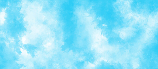 blue and white cloudy background. watercolor texture sky with white smoke clouds. beautiful aquarelle painted light paper texture.