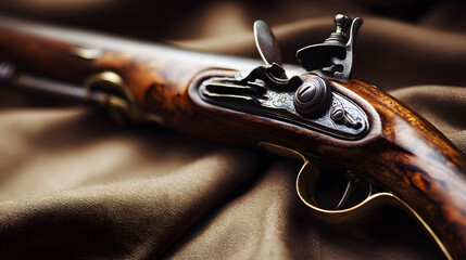 flintlock. Antique flintlock musket displayed on velvet cloth, detailed wood and metal components. event programs, museum guides, designed for cultural heritage projects and event programs.