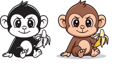 Fototapeta premium Cute Baby Monkey Cartoon Character Sitting and Smiling While Holding a Partially Peeled Yellow Banana