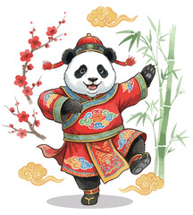 Cute cartoon giant panda dancing in traditional chinese clothers. Happy Lunar New Year panda illustration with bamboo, plum blossoms. Vector illustration of panda mascot for Chinese spring festival