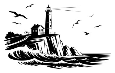 Fototapeta premium A striking black and white illustration of a lighthouse on a rugged cliff with waves crashing below