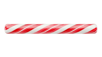 Obraz premium A single, glossy red and white striped candy cane lies horizontally against a stark black background, perfect for holiday and sweet treat designs.