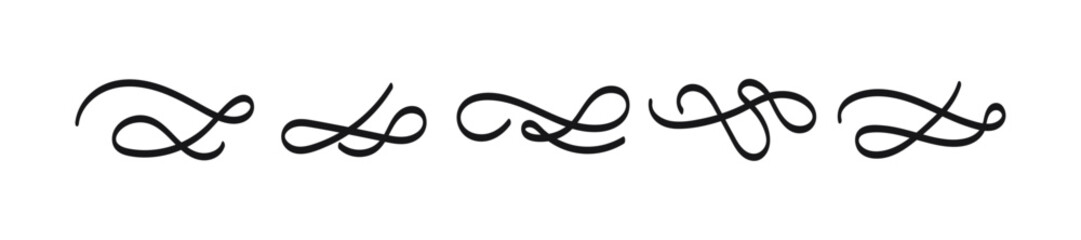 Set of Five Simple Black Ornate Swirl Text Dividers and Classic Flourish Elements on a Clean White Background