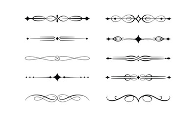 Obraz premium Set of Ten Classic Black Ornate Text Dividers with Diamonds, Swirls, and Elegant Flourishes on a White Background