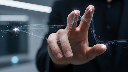A close-up shot of a hand interacting with a futuristic digital interface or data stream
