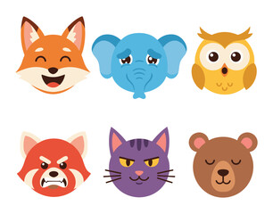 Fototapeta premium Animal faces showing various emotions cartoon set
