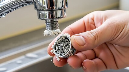 Scale buildup on faucet aerator being inspected for cleaning purpose