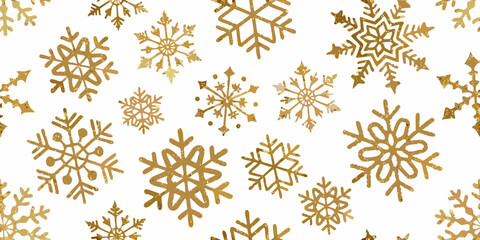 A shimmering pattern of golden snowflakes against a clean white background