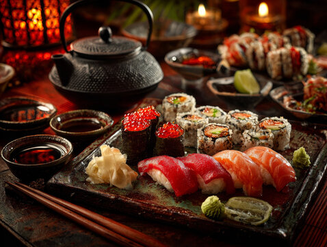 Fresh sushi, including nigiri, maki, and roe, served with a traditional teapot, soy sauce, and chopsticks in warm ambiance