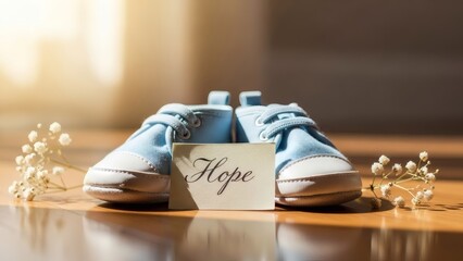 Baby shoes with hope note and flowers on wooden floor indoors for March of Dimes Birth Defects Prevention Month