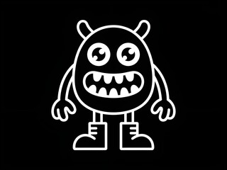 Cute Cartoon Monster Line Art on Black Background
