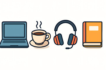 Workspace Essentials: A collection of essential items for modern productivity. Featuring a laptop, hot drink, headset, and a book
