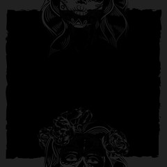Decorative black frame with Day of the Dead inspired female skull illustration and floral cultural symbolism