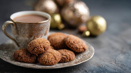 Warm Homemade Gingersnap Cookies and Hot Chocolate on a Festive Winter Table