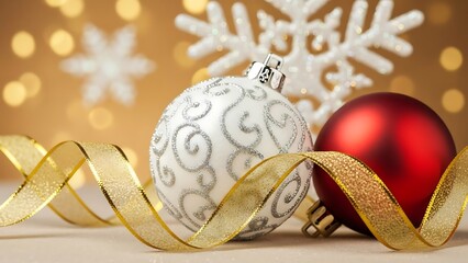 Elegant christmas ornaments with sparkling golden ribbon and festive bokeh background