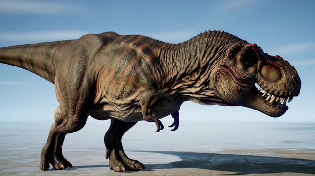Brown Tyrannosaurus Rex on a flat tiled surface against a blue sky, side profile view