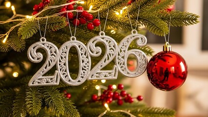 Festive christmas tree branch with 2026 glitter ornaments and a shiny red bauble