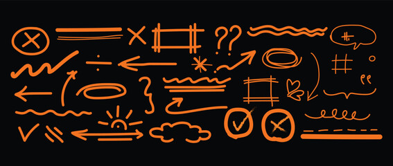 Hand drawn line chalk brush stroke arrow icon set.