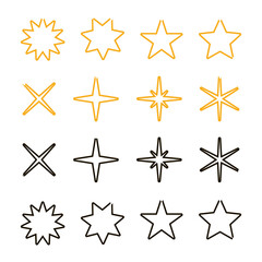 Star and sparkle icon set with clean outlines, decorative shapes for highlights, ratings, celebrations, emphasis, modern design accents, and creative graphic use
