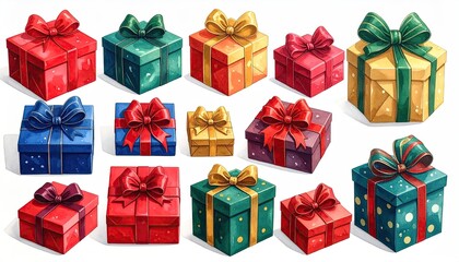 Artistic watercolor collection of diverse gift boxes with festive bows and ribbons.