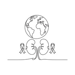 World globe and ribbon awareness symbol drawn with a continuous line