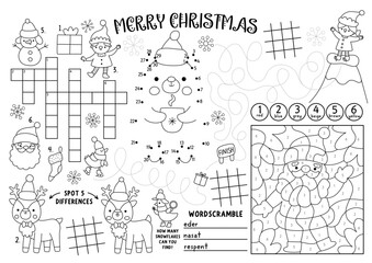 Plakat Vector Christmas village placemat for kids. Winter holiday printable activity mat with maze, tic tac toe charts, connect the dots, find difference. New Year black and white play mat or coloring page