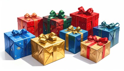 Fototapeta premium Collection of festive gift boxes in various colors with elegant ribbons and bows.