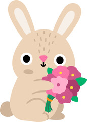 Vector Easter bunny with bouquet of flowers. Funny rabbit icon. Cute spring or farm animal illustration for kids. Funny hare clipart isolated on white background