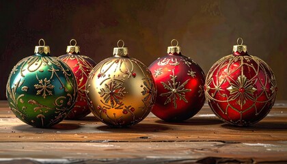 Collection of ornate Christmas baubles in red gold and green on a rustic wooden surface.