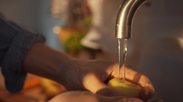 A man rinses a lemon under fresh kitchen tap water, ensuring cleanliness and health in culinary preparation, prioritizing domestic cooking hygiene for wholesome food