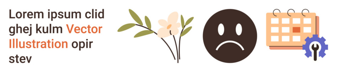 Mental health, productivity, workflow, emotions, time management, planning concepts. Floral branch, sad face calendar gear. Mental health and productivity