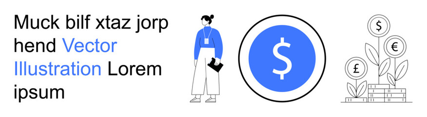 Finance, investment, savings, income growth, entrepreneurship, wealth management. Woman with clipboard, dollar symbol money plant. Finance and investment concepts