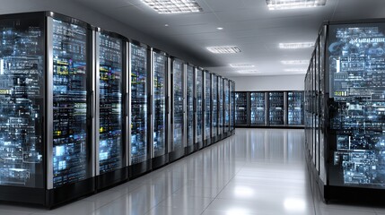 Modern data center with rows of servers and bright lighting