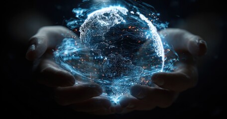 Digitized globe held gently in cupped hands, surrounded by flowing, ethereal energy