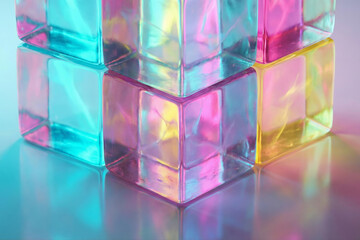 Close-up macro shot of a grid of translucent glass cubes. The blocks refract colorful teal, pink, and yellow light, creating a smooth, glossy geometric pattern and texture.