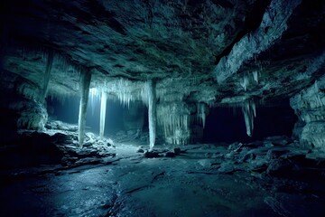 A dimly lit cave with stalactites and underground exploration