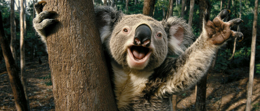 Happy koala with wide open mouth and visible claws embracing a tree in a bright forest environment