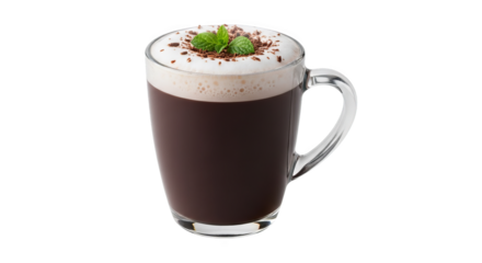 Clear mug of dark beverage with frothy top and mint garnish