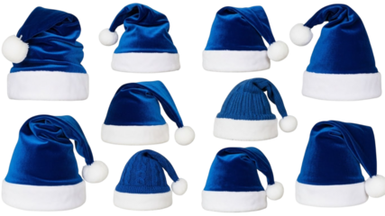 Collection of blue Santa hats with white pom-poms, ideal for festive holiday celebrations and winter events