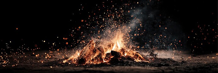 A blazing fire consumes wood, with sparks radiating outwards against a dark, contrasting background