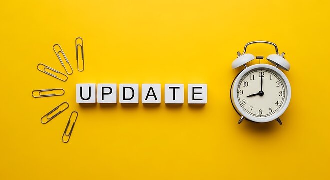 Word blocks spell update beside alarm clock and paperclips on yellow background