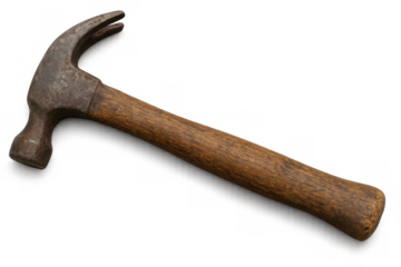 Old claw hammer with rustic wooden handle on transparent background, showing wear and vintage character, construction tool