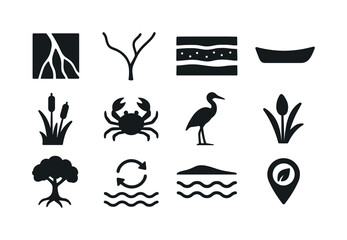 River Delta Icons. River delta wetlands. Solid icon set of river