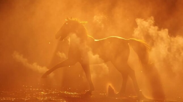Majestic golden horse silhouette galloping through swirling dust and dramatic light
