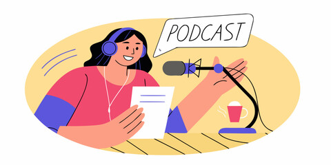 A woman hosting a podcast with a microphone and script in hand