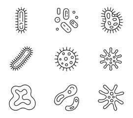 Set of outline bacteria and virus icons in various shapes and forms, isolated on white background