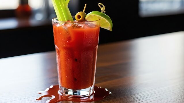 Bloody Mary cocktail with lime and celery stalk garnish on wooden table for National Bloody Mary Day